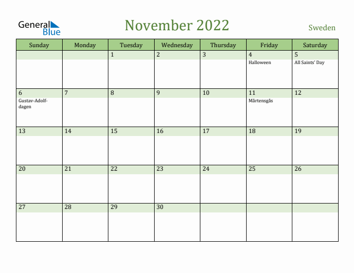 November 2022 Calendar with Sweden Holidays