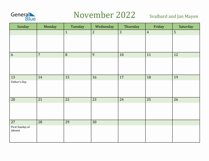 November 2022 Calendar with Svalbard and Jan Mayen Holidays
