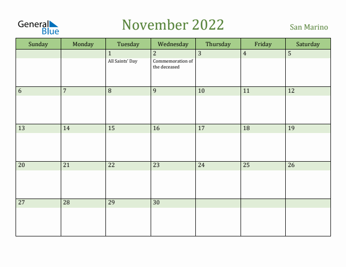 November 2022 Calendar with San Marino Holidays