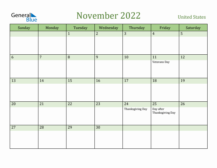 November 2022 Calendar with United States Holidays