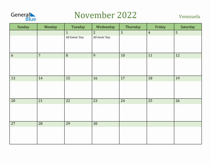 November 2022 Calendar with Venezuela Holidays