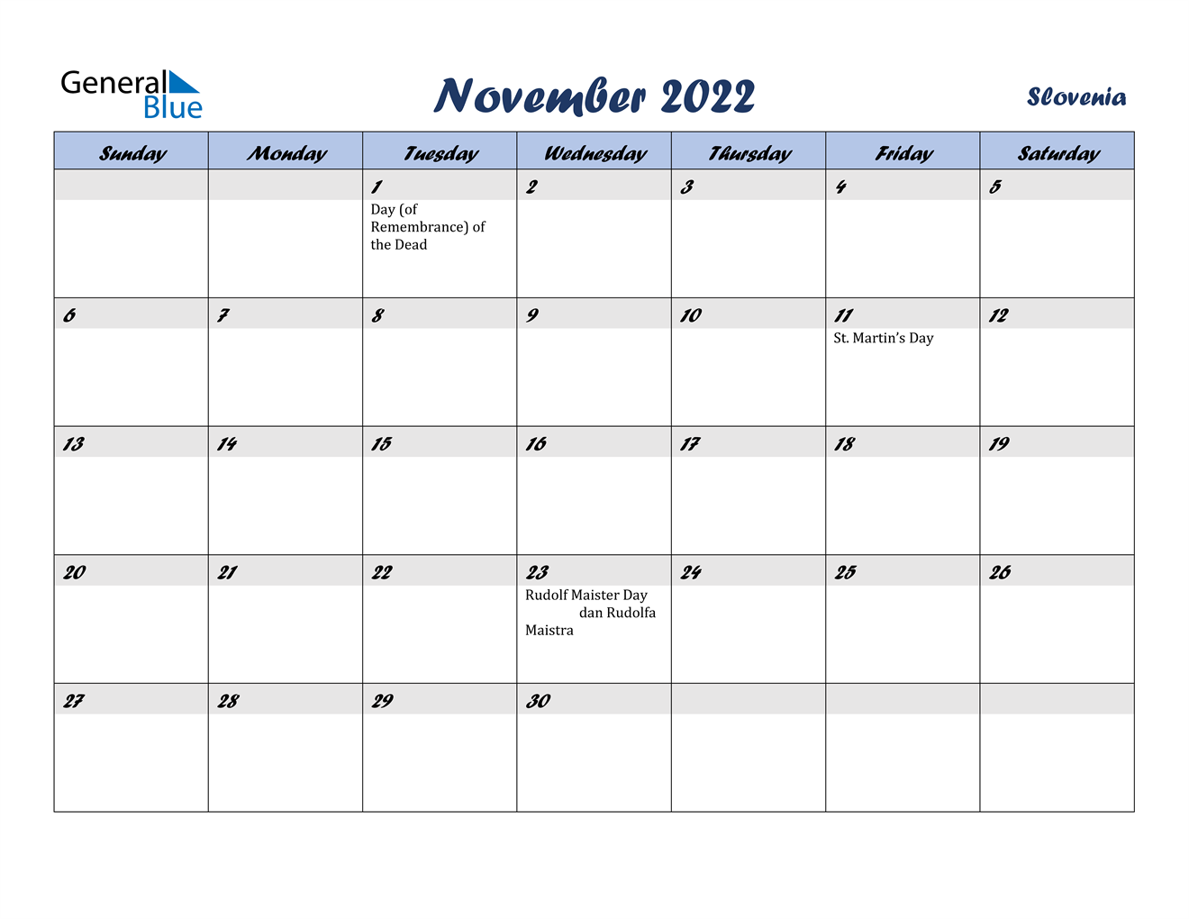 November 2022 Calendar Slovenia