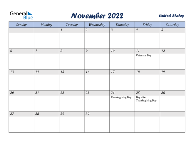 United States November 2022 Calendar With Holidays