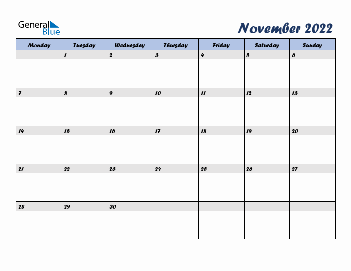 November 2022 Blue Calendar (Monday Start)