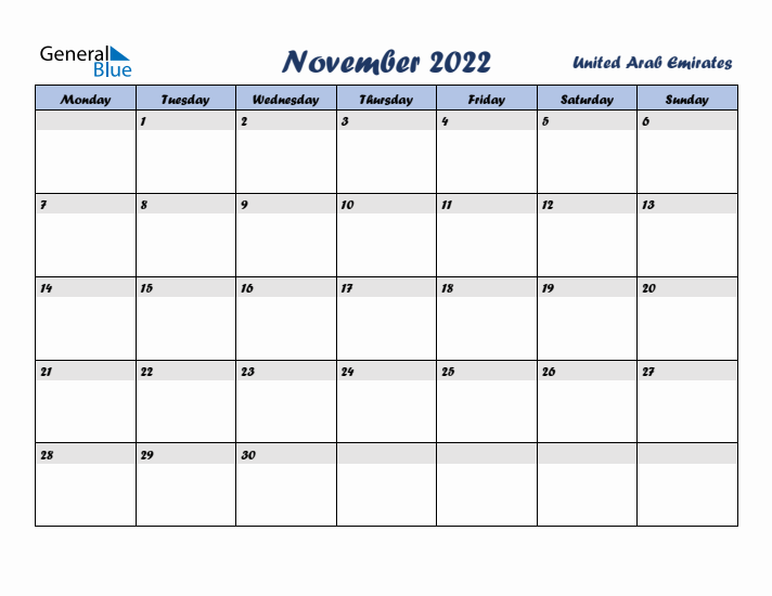 November 2022 Calendar with Holidays in United Arab Emirates