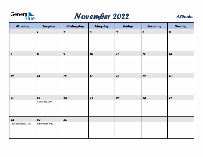 November 2022 Calendar with Holidays in Albania