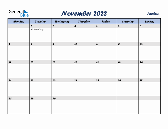 November 2022 Calendar with Holidays in Austria
