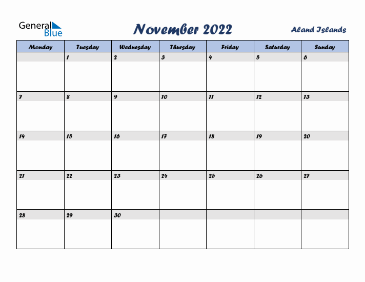November 2022 Calendar with Holidays in Aland Islands