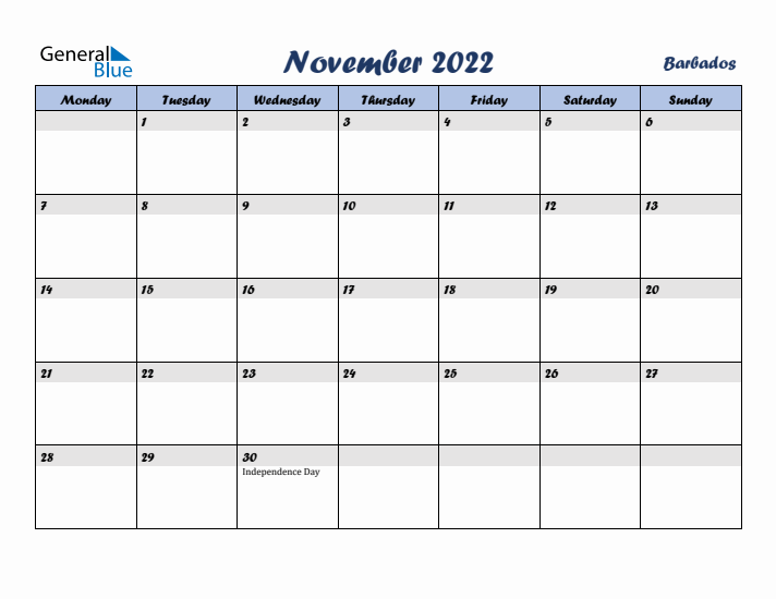 November 2022 Calendar with Holidays in Barbados