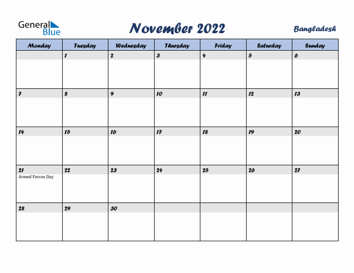 November 2022 Calendar with Holidays in Bangladesh
