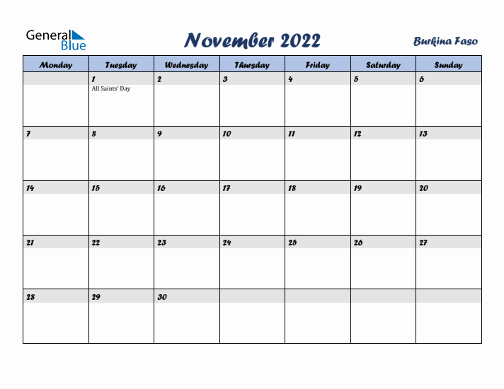 November 2022 Calendar with Holidays in Burkina Faso