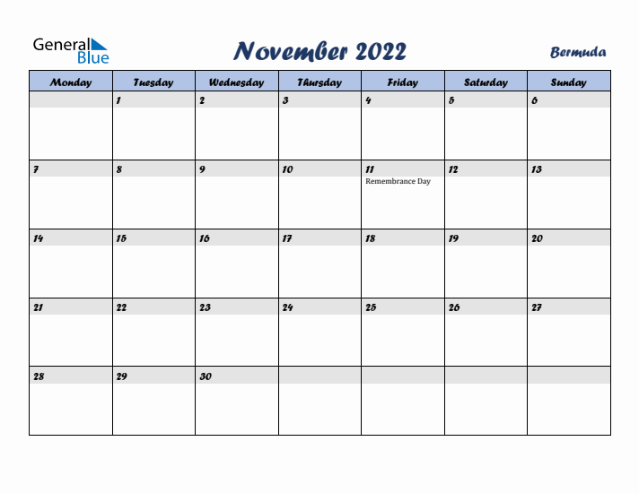November 2022 Calendar with Holidays in Bermuda