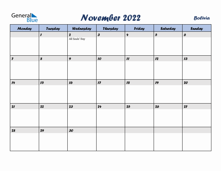 November 2022 Calendar with Holidays in Bolivia