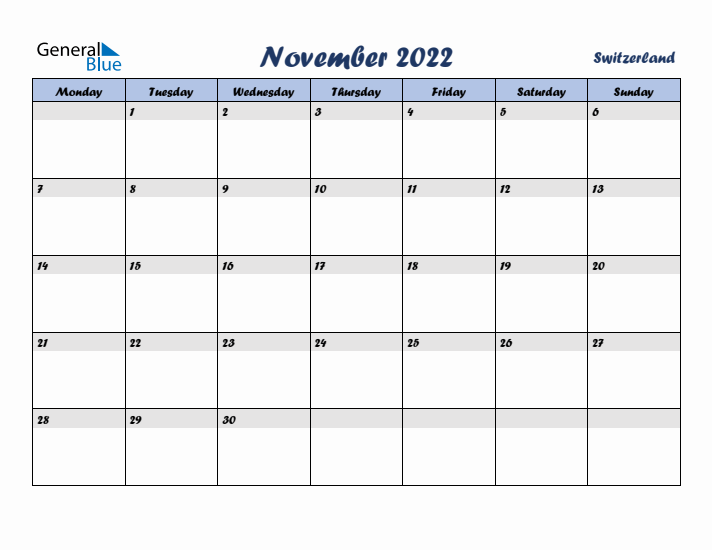 November 2022 Calendar with Holidays in Switzerland