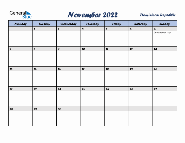 November 2022 Calendar with Holidays in Dominican Republic