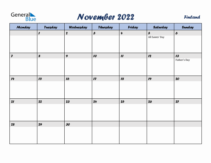 November 2022 Calendar with Holidays in Finland