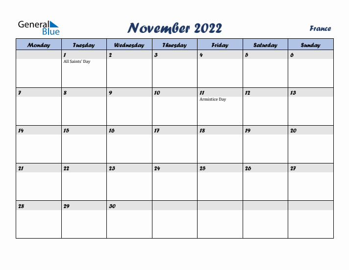 November 2022 Calendar with Holidays in France