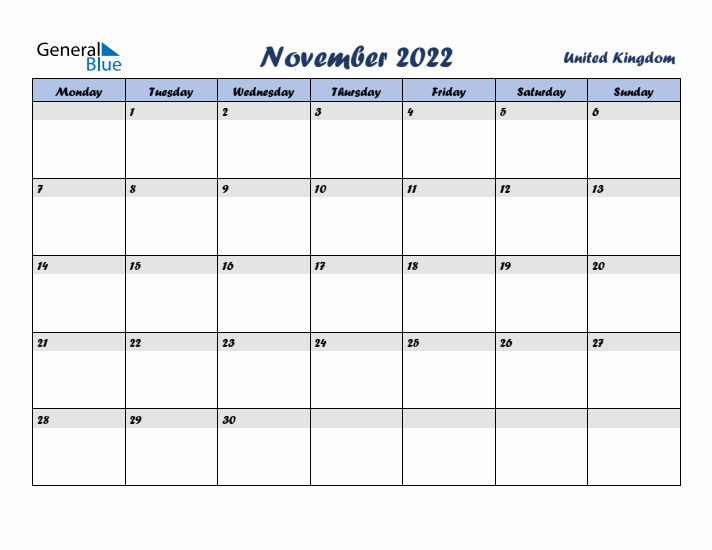 November 2022 Calendar with Holidays in United Kingdom