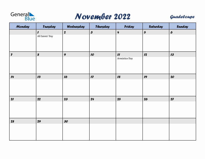 November 2022 Calendar with Holidays in Guadeloupe