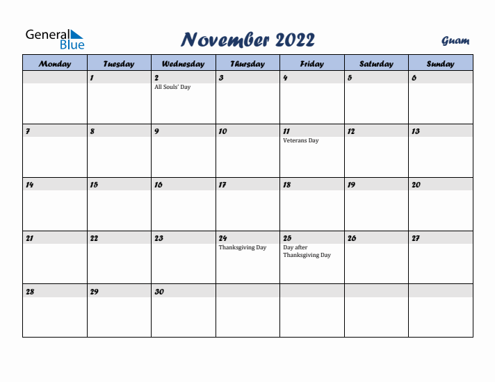 November 2022 Calendar with Holidays in Guam
