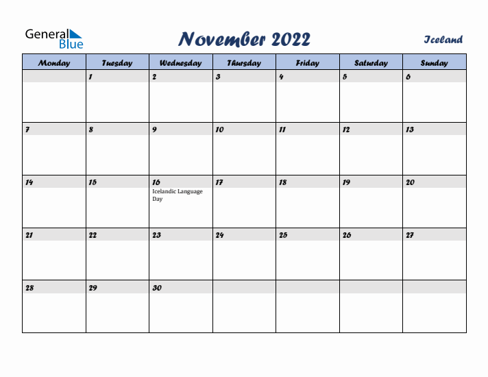 November 2022 Calendar with Holidays in Iceland