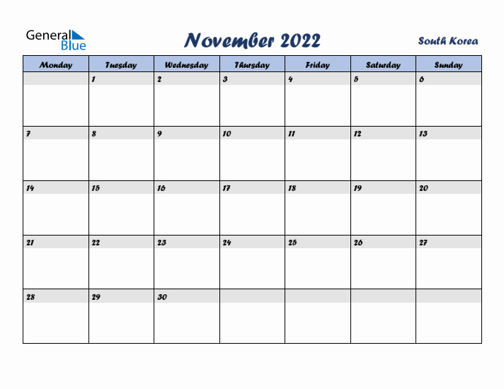 November 2022 Calendar with Holidays in South Korea