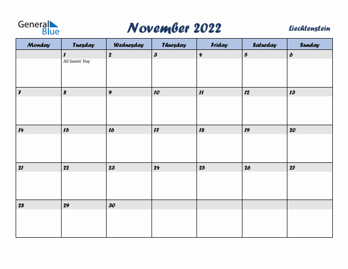 November 2022 Calendar with Holidays in Liechtenstein