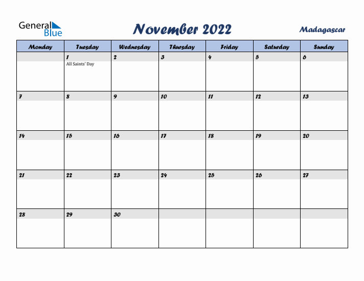 November 2022 Calendar with Holidays in Madagascar