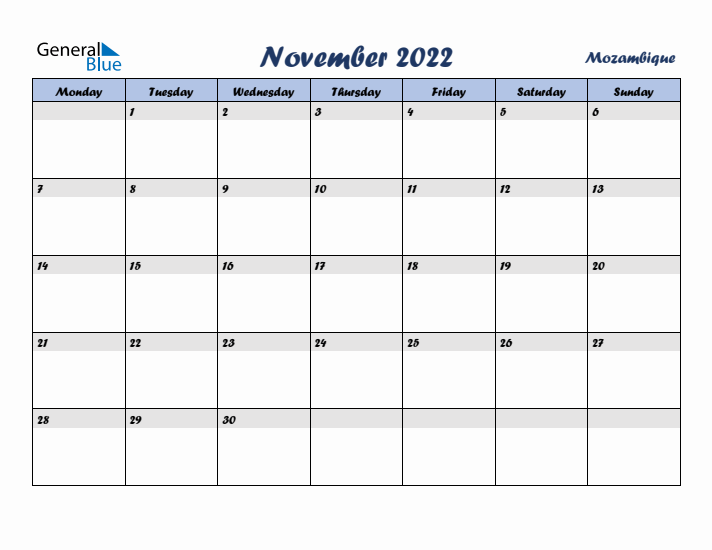 November 2022 Calendar with Holidays in Mozambique