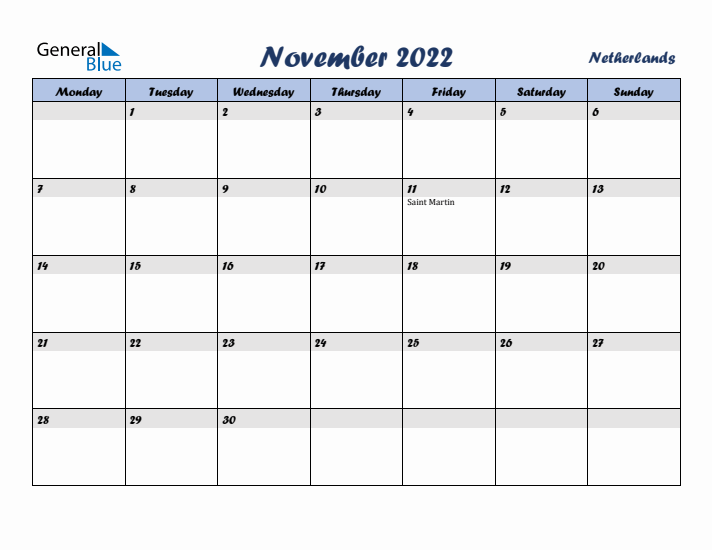 November 2022 Calendar with Holidays in The Netherlands