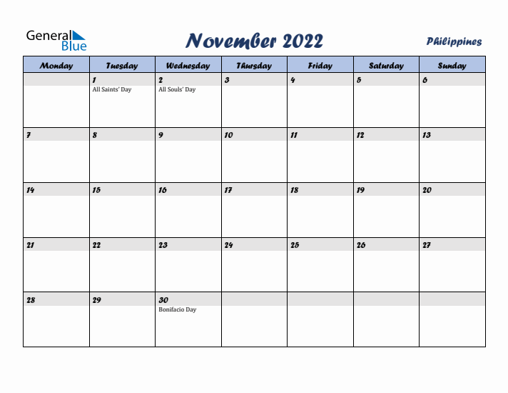November 2022 Calendar with Holidays in Philippines