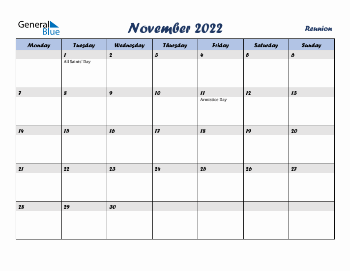 November 2022 Calendar with Holidays in Reunion