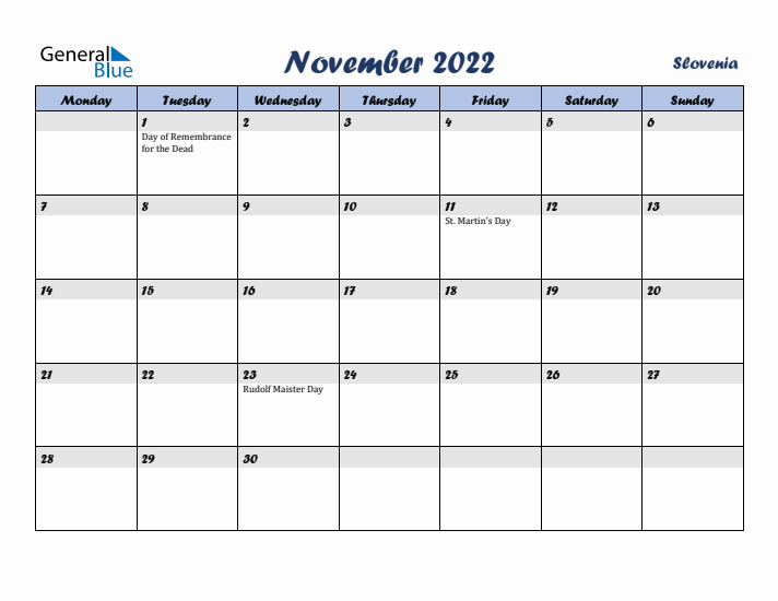 November 2022 Calendar with Holidays in Slovenia
