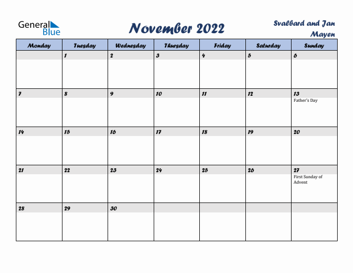 November 2022 Calendar with Holidays in Svalbard and Jan Mayen