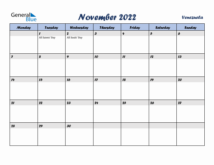 November 2022 Calendar with Holidays in Venezuela