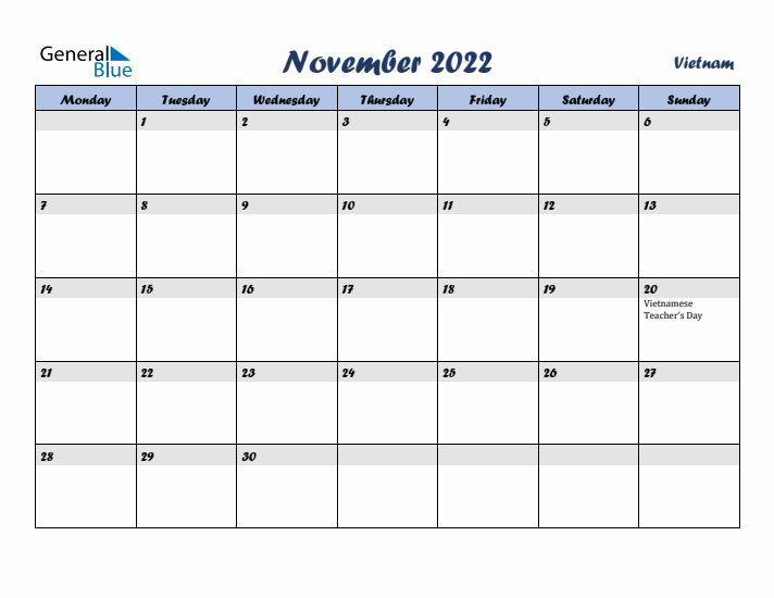 November 2022 Calendar with Holidays in Vietnam