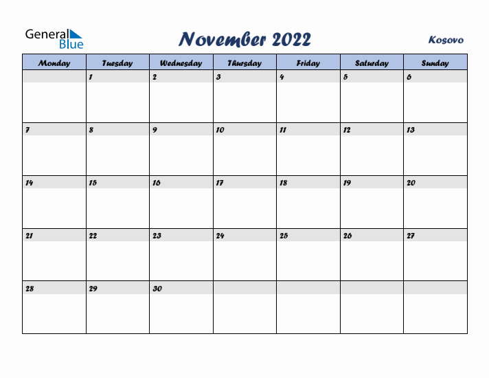 November 2022 Calendar with Holidays in Kosovo