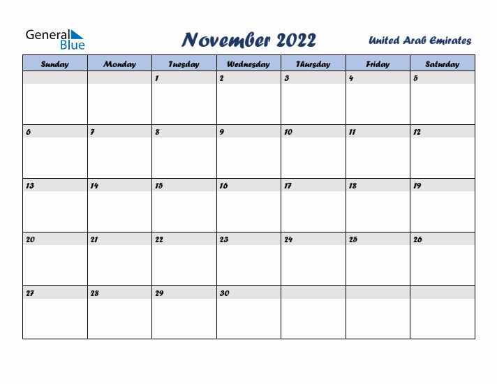 November 2022 Calendar with Holidays in United Arab Emirates