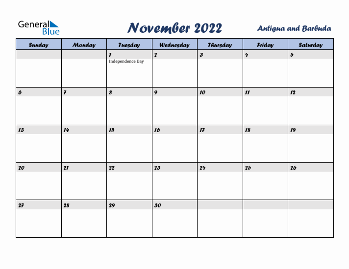 November 2022 Calendar with Holidays in Antigua and Barbuda