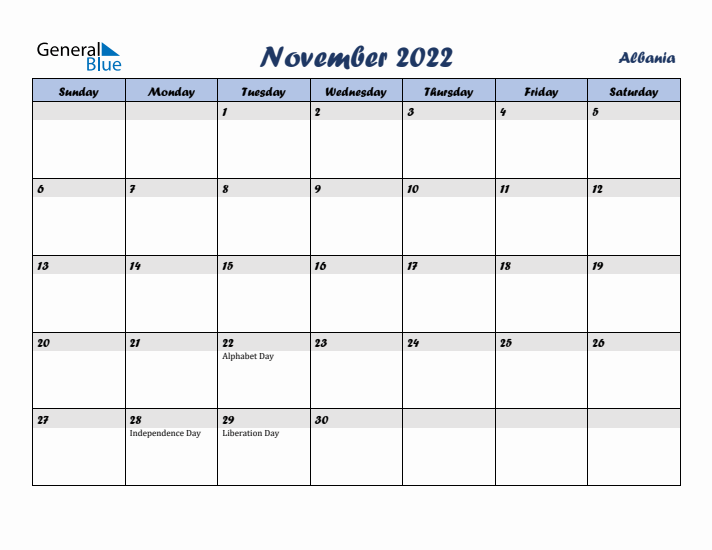 November 2022 Calendar with Holidays in Albania