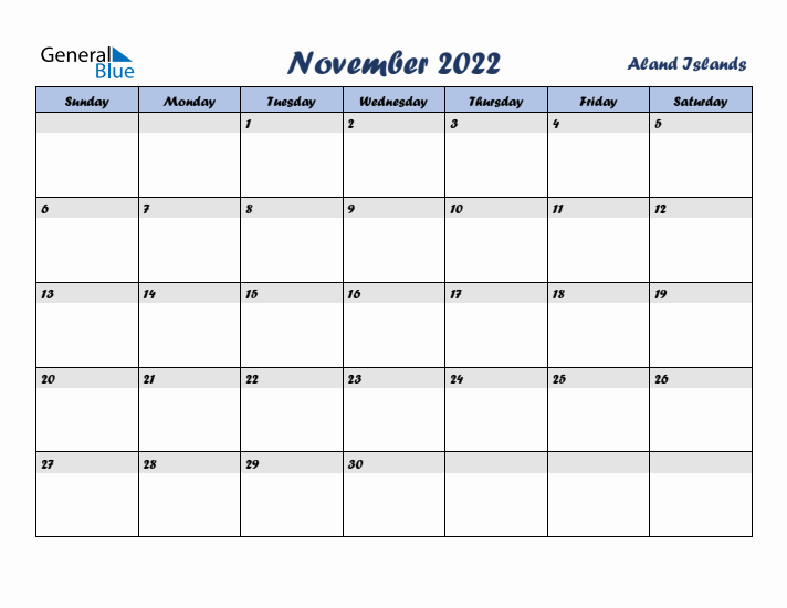 November 2022 Calendar with Holidays in Aland Islands