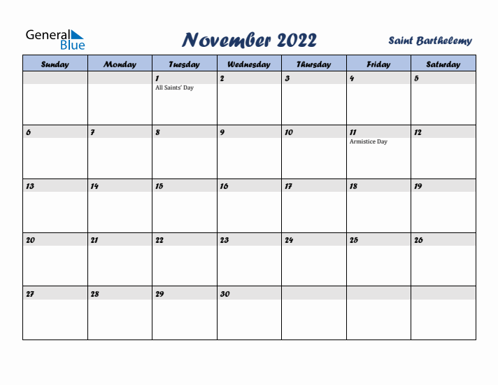 November 2022 Calendar with Holidays in Saint Barthelemy