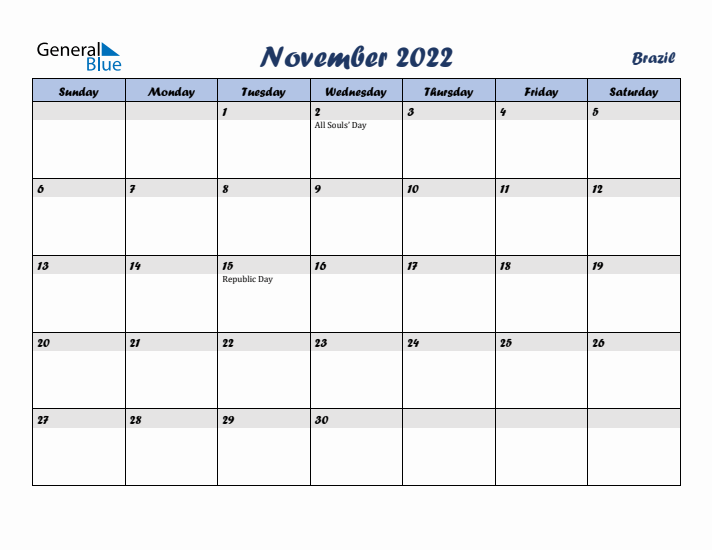 November 2022 Calendar with Holidays in Brazil