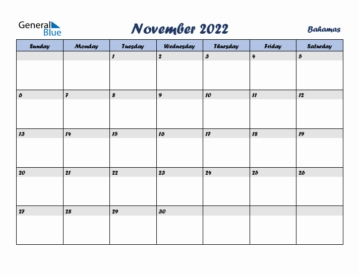 November 2022 Calendar with Holidays in Bahamas