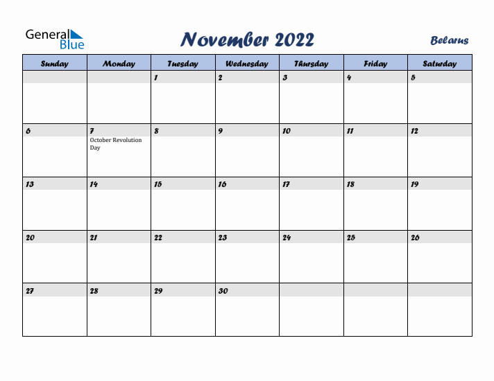 November 2022 Calendar with Holidays in Belarus