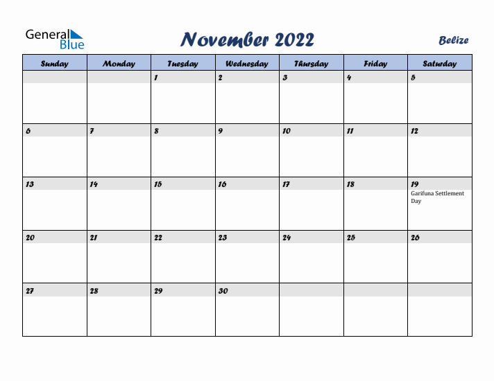 November 2022 Calendar with Holidays in Belize