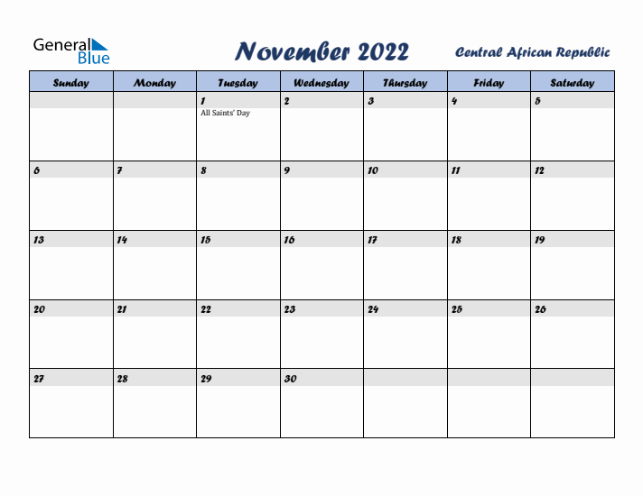 November 2022 Calendar with Holidays in Central African Republic