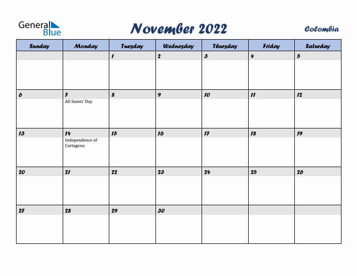 November 2022 Calendar with Holidays in Colombia