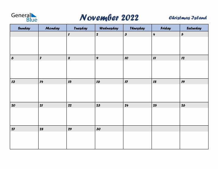 November 2022 Calendar with Holidays in Christmas Island