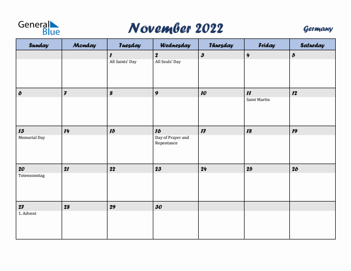 November 2022 Calendar with Holidays in Germany